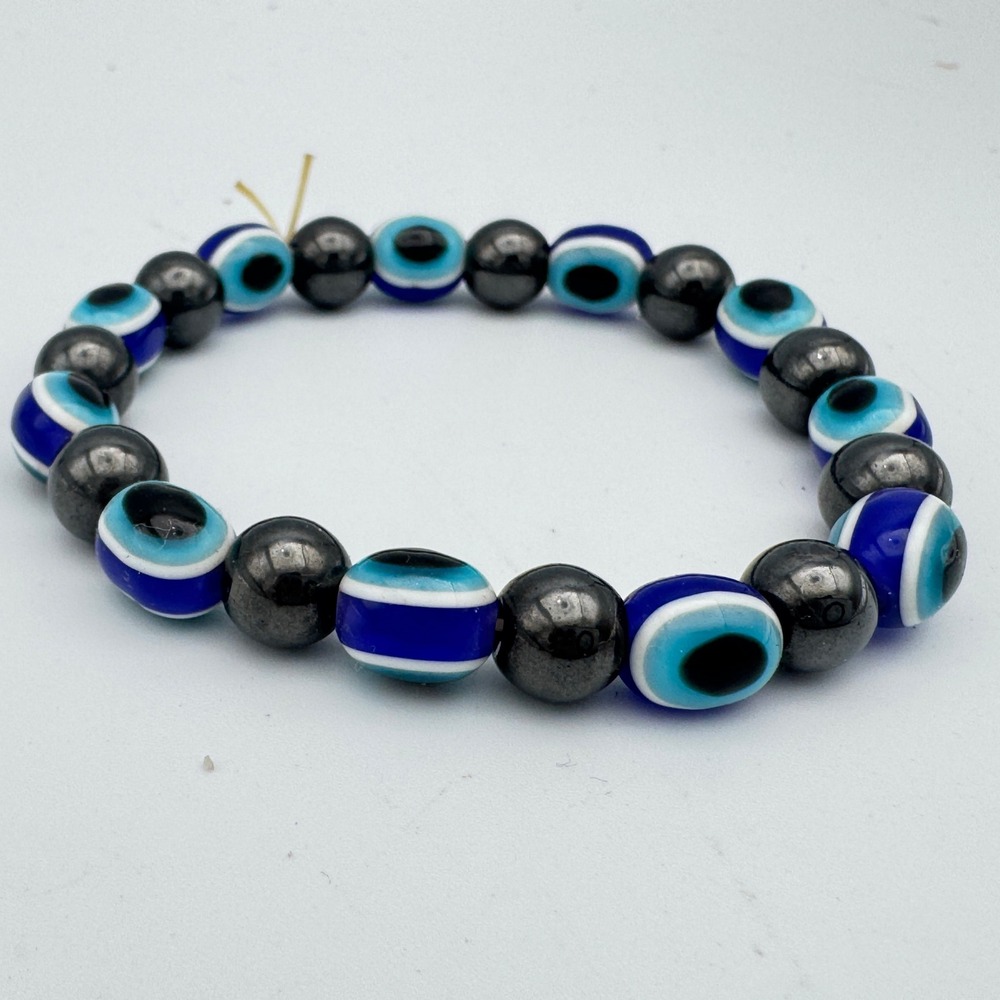 Evil Eye Bracelet Magnetic Hematite Unisex 6.25 Stretch Protection‎ Boho Luck